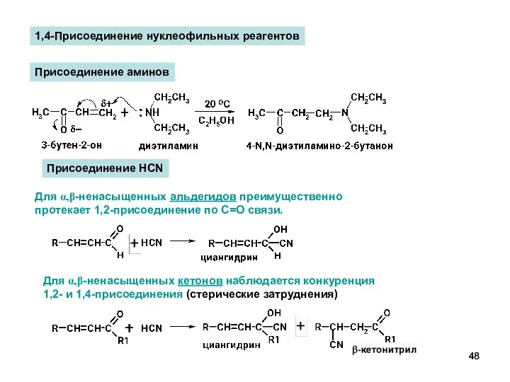 Присоединение HCN Для α,β-ненасыщенных альдегидов преимущественно протекает 1,2-присоединение по С=О