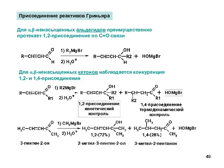 Для α,β-ненасыщенных кетонов наблюдается конкуренция 1,2- и 1,4-присоединения Присоединение реактивов