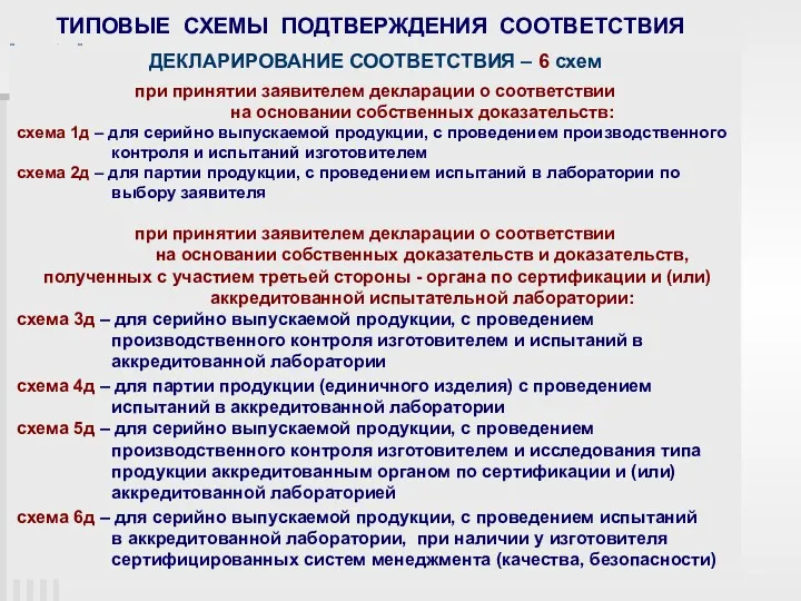 ДЕКЛАРИРОВАНИЕ СООТВЕТСТВИЯ – 6 схем при принятии заявителем декларации о