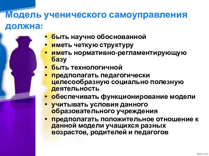 Модель ученического самоуправления должна: быть научно обоснованной иметь четкую структуру