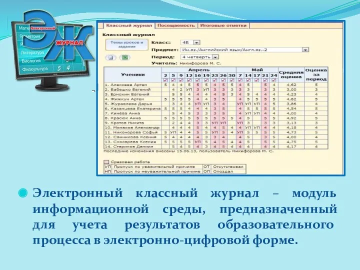 Электронный классный журнал – модуль информационной среды, предназначенный для учета результатов образовательного процесса в электронно-цифровой форме.