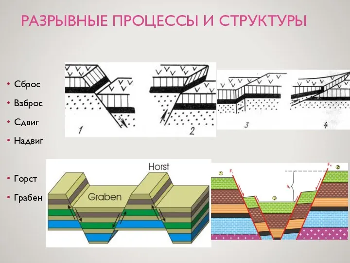 РАЗРЫВНЫЕ ПРОЦЕССЫ И СТРУКТУРЫ Сброс Взброс Сдвиг Надвиг Горст Грабен