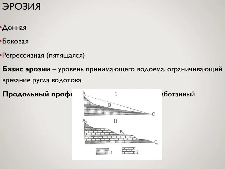 ЭРОЗИЯ Донная Боковая Регрессивная (пятящаяся) Базис эрозии – уровень принимающего