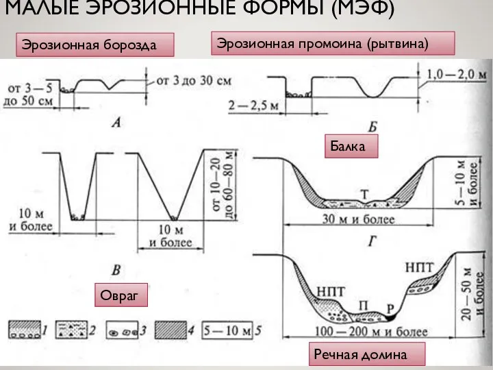 МАЛЫЕ ЭРОЗИОННЫЕ ФОРМЫ (МЭФ) Эрозионная борозда Эрозионная промоина (рытвина) Овраг Балка Речная долина