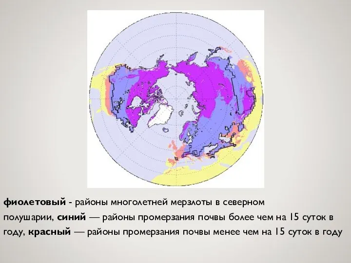 фиолетовый - районы многолетней мерзлоты в северном полушарии, синий —