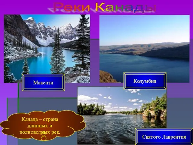 Реки Канады Канада – страна длинных и полноводных рек. Макензи Колумбия Святого Лаврентия