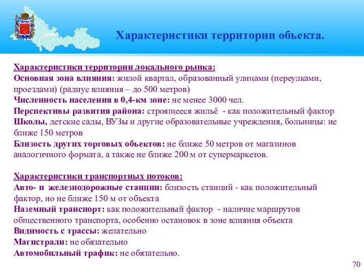 Характеристики территории объекта. Характеристики территории локального рынка: Основная зона влияния: