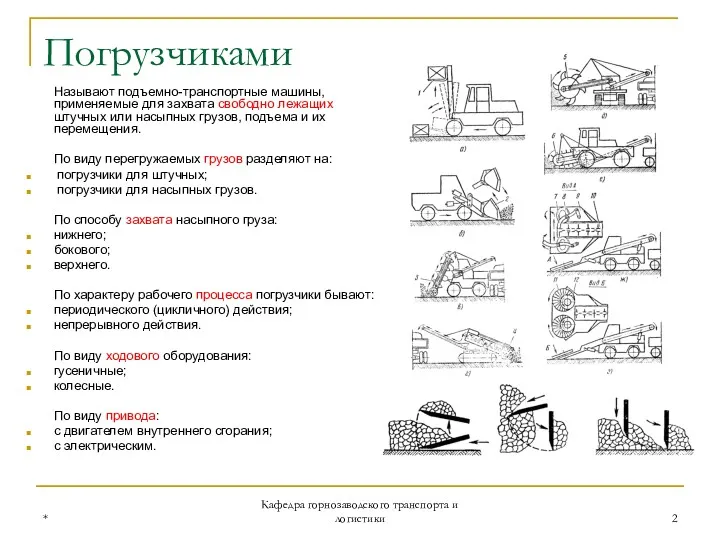 * Кафедра горнозаводского транспорта и логистики Погрузчиками Называют подъемно-транспортные машины,