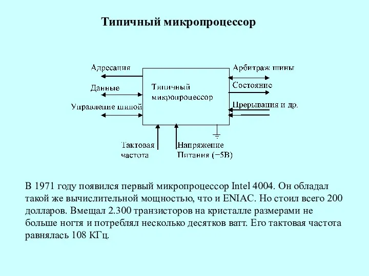 Типичный микропроцессор В 1971 году появился первый микропроцессор Intel 4004.