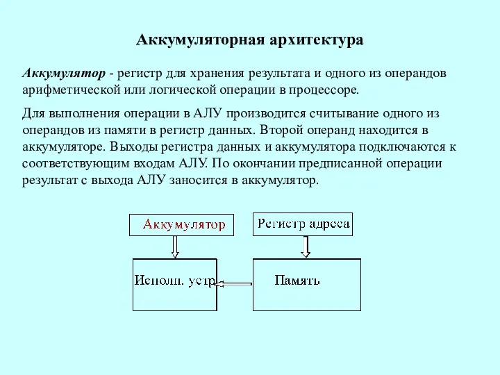 Аккумуляторная архитектура Аккумулятор - регистр для хранения результата и одного