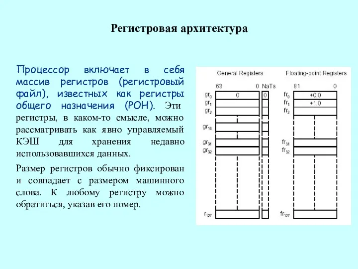 Регистровая архитектура Процессор включает в себя массив регистров (регистровый файл),