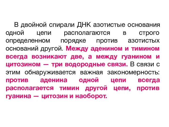 В двойной спирали ДНК азотистые основания одной цепи располагаются в