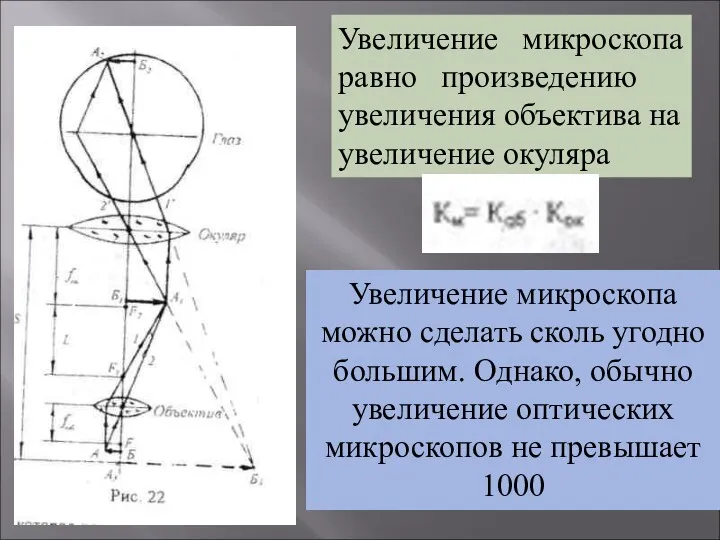 Увеличение микроскопа равно произведению увеличения объектива на увеличение окуляра Увеличение