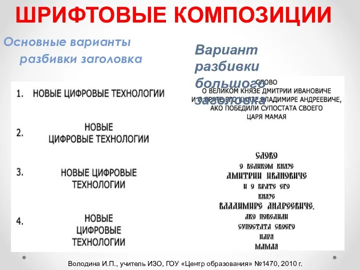 Основные варианты разбивки заголовка ШРИФТОВЫЕ КОМПОЗИЦИИ Вариант разбивки большого заголовка