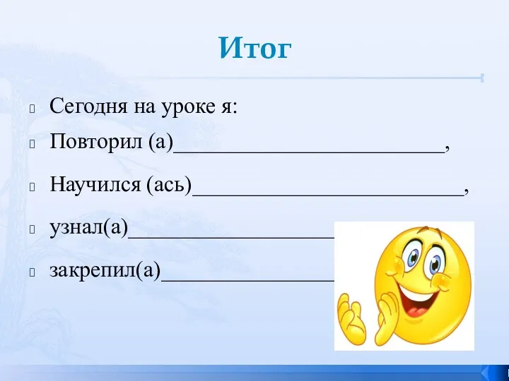 Итог Сегодня на уроке я: Повторил (а)________________________, Научился (ась)________________________, узнал(а)___________________________, закрепил(а)________________________.