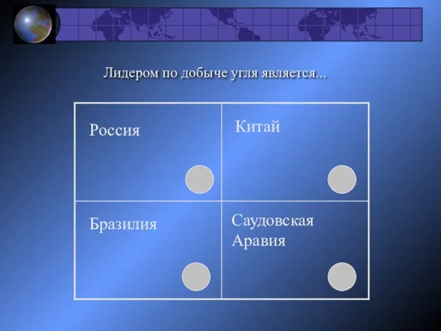 Лидером по добыче угля является... Россия Китай Бразилия Саудовская Аравия