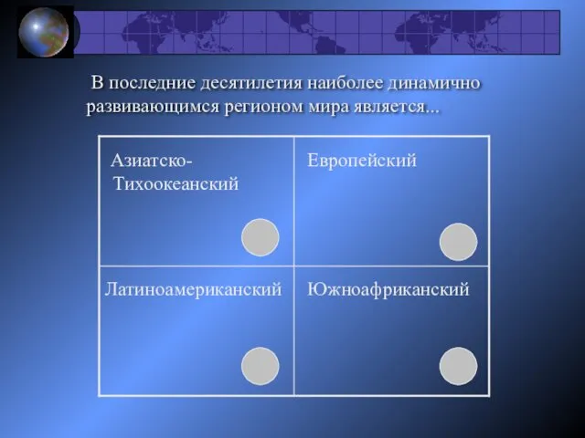 В последние десятилетия наиболее динамично развивающимся регионом мира является... Азиатско-Тихоокеанский Европейский Латиноамериканский Южноафриканский