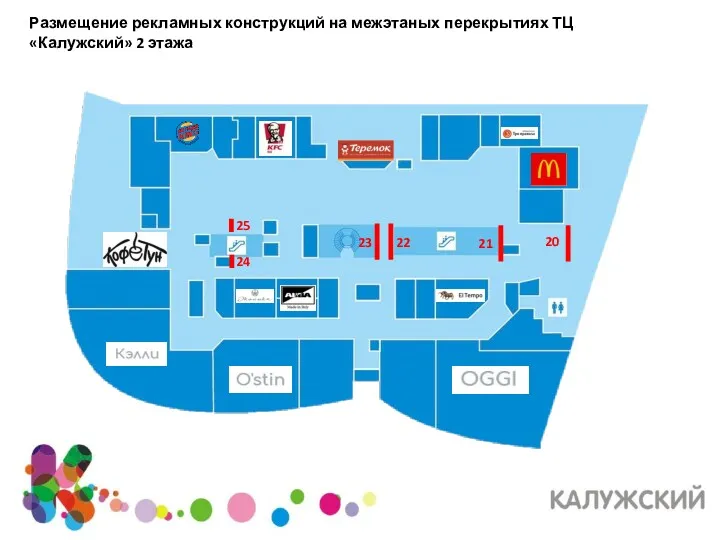 Размещение рекламных конструкций на межэтаных перекрытиях ТЦ «Калужский» 2 этажа