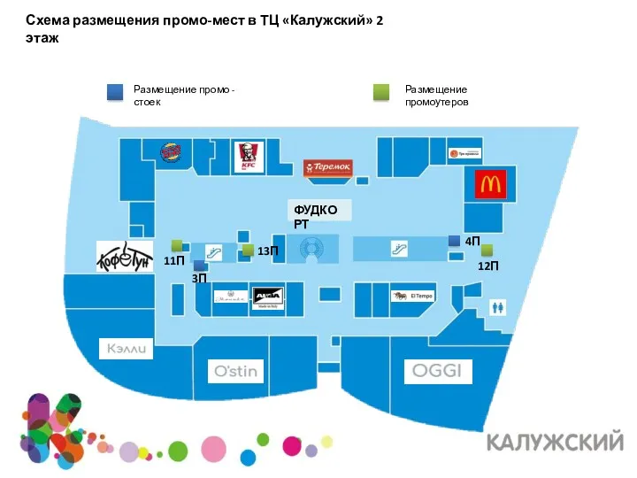 Размещение промо -стоек Размещение промоутеров Схема размещения промо-мест в ТЦ «Калужский» 2 этаж