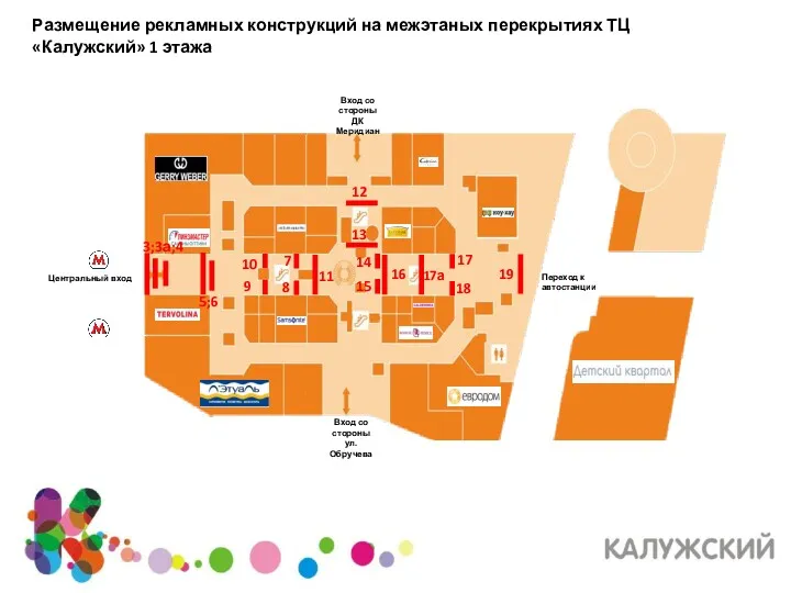 Размещение рекламных конструкций на межэтаных перекрытиях ТЦ «Калужский» 1 этажа