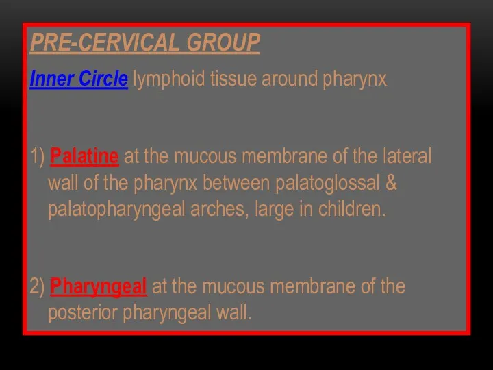 PRE-CERVICAL GROUP Inner Circle lymphoid tissue around pharynx 1) Palatine