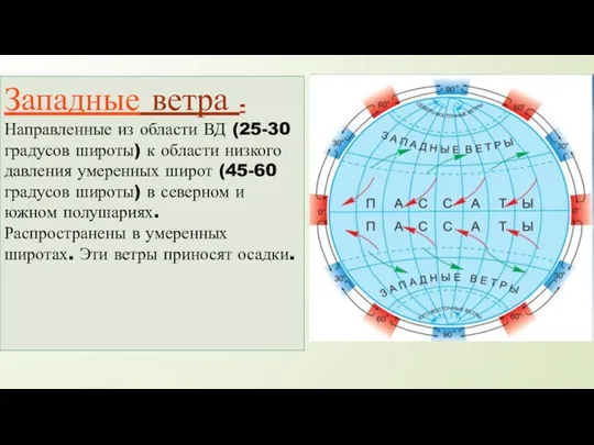 Западные ветра - Направленные из области ВД (25-30 градусов широты)