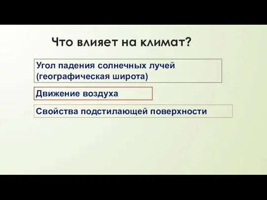 Что влияет на климат? Угол падения солнечных лучей (географическая широта) Движение воздуха Свойства подстилающей поверхности