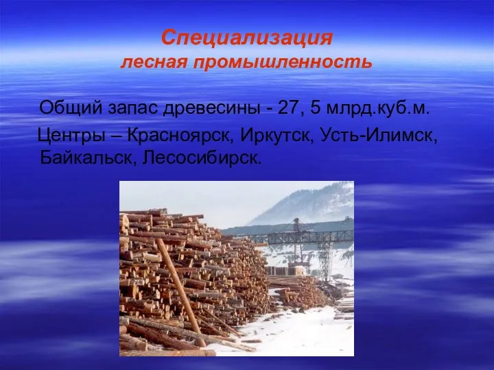 Специализация лесная промышленность Общий запас древесины - 27, 5 млрд.куб.м.