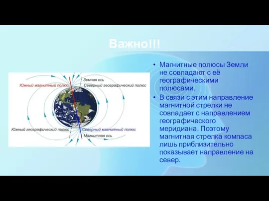 Важно!!! Магнитные полюсы Земли не совпадают с её географическими полюсами.