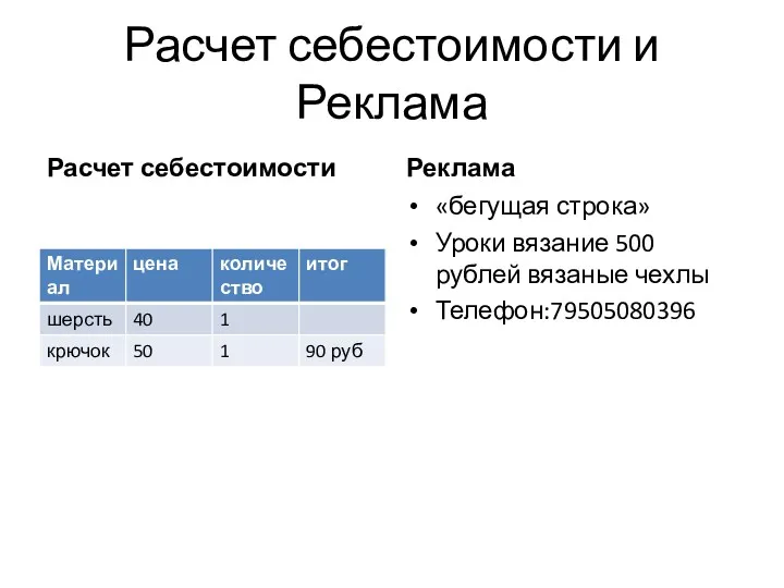 Расчет себестоимости и Реклама Расчет себестоимости Реклама «бегущая строка» Уроки вязание 500 рублей вязаные чехлы Телефон:79505080396