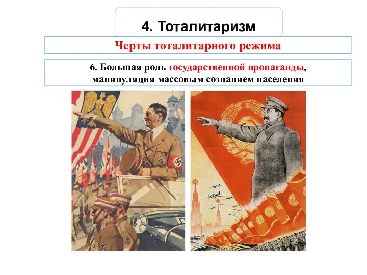 4. Тоталитаризм Черты тоталитарного режима 6. Большая роль государственной пропаганды, манипуляция массовым сознанием населения