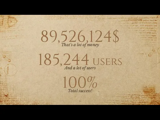 89,526,124$ That’s a lot of money 100% Total success! 185,244 users And a lot of users