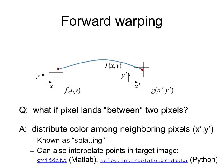 f(x,y) g(x’,y’) Forward warping x x’ T(x,y) Q: what if