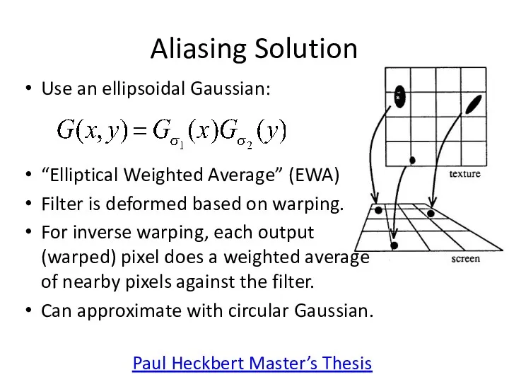 Aliasing Solution Use an ellipsoidal Gaussian: “Elliptical Weighted Average” (EWA)