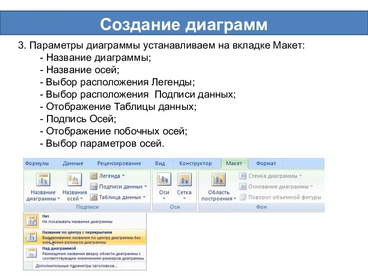 Создание диаграмм 3. Параметры диаграммы устанавливаем на вкладке Макет: Название