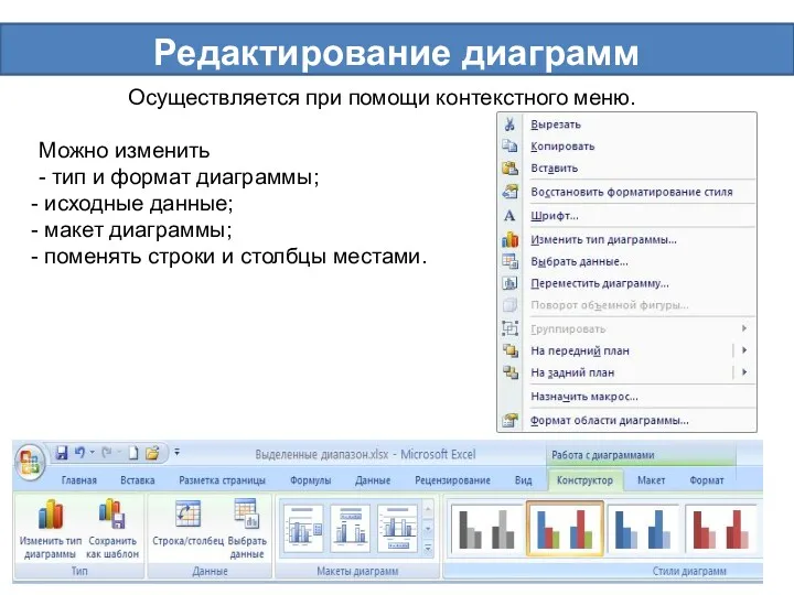 Редактирование диаграмм Осуществляется при помощи контекстного меню. Можно изменить -