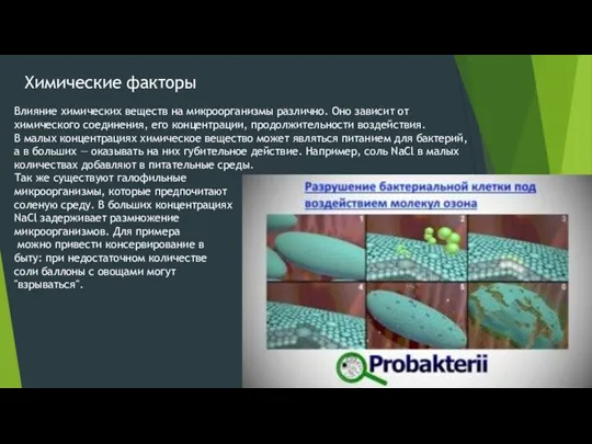 Химические факторы Влияние химических веществ на микроорганизмы различно. Оно зависит