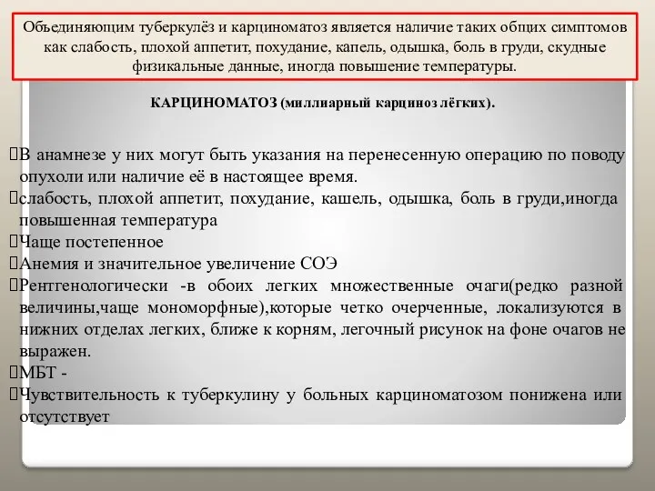 Объединяющим туберкулёз и карциноматоз является наличие таких общих симптомов как