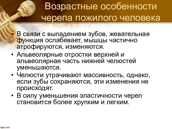 Возрастные особенности черепа пожилого человека В связи с выпадением зубов,