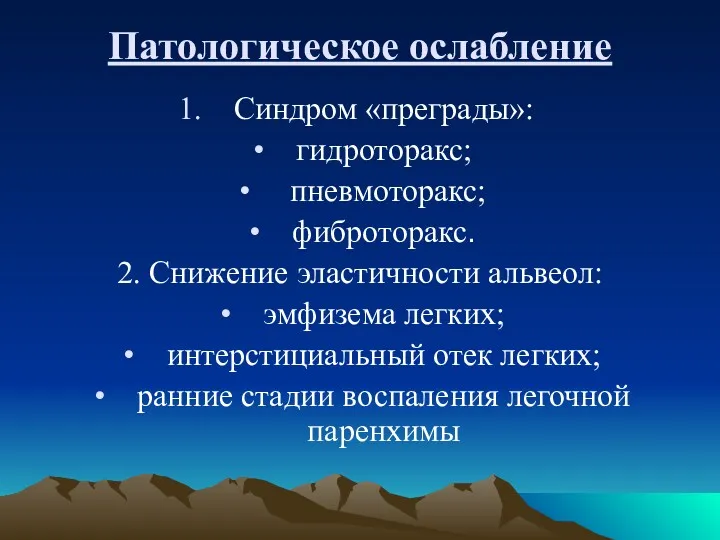 Патологическое ослабление Синдром «преграды»: гидроторакс; пневмоторакс; фиброторакс. 2. Снижение эластичности