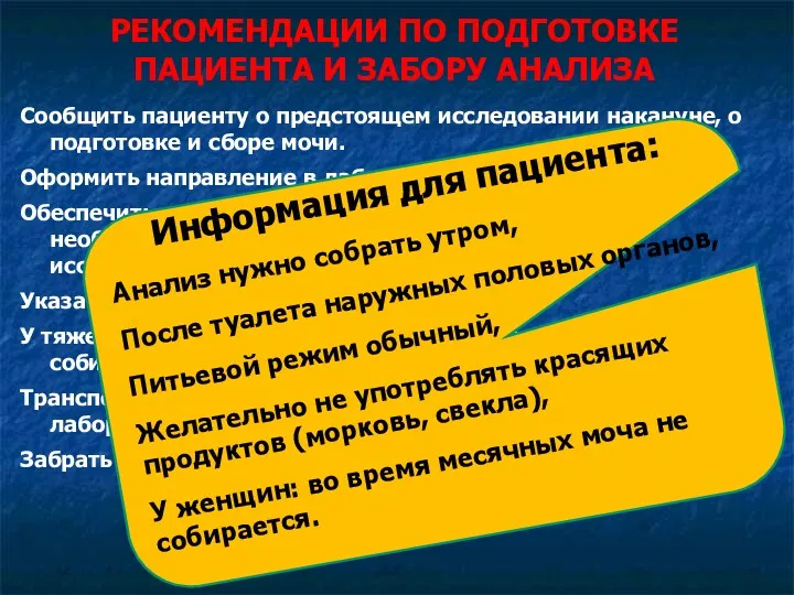 Сообщить пациенту о предстоящем исследовании накануне, о подготовке и сборе