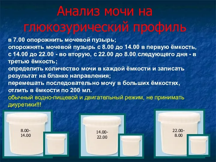 Анализ мочи на глюкозурический профиль 8.00- 14.00 14.00- 22.00 22.00-