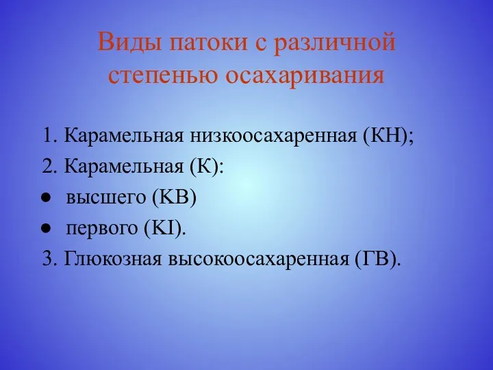 Виды патоки с различной степенью осахаривания 1. Карамельная низкоосахаренная (КН);