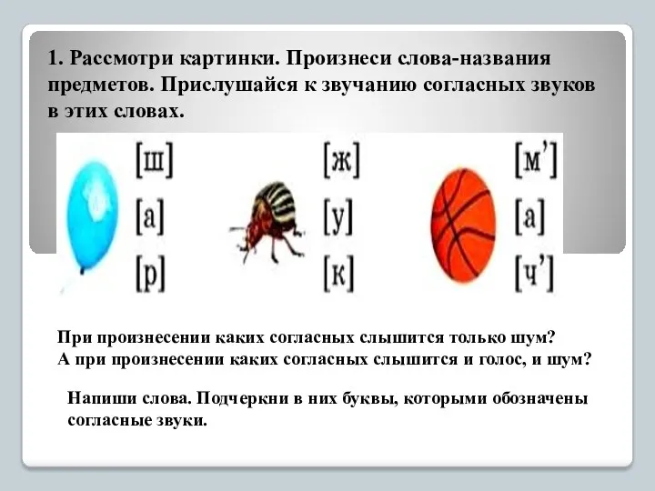 1. Рассмотри картинки. Произнеси слова-названия предметов. Прислушайся к звучанию согласных