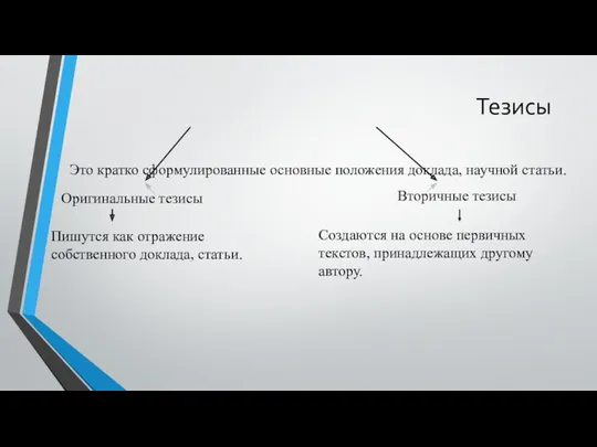 Тезисы Это кратко сформулированные основные положения доклада, научной статьи. Оригинальные