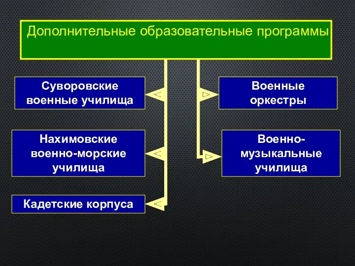 Дополнительные образовательные программы Суворовские военные училища Нахимовские военно-морские училища Кадетские корпуса Военные оркестры Военно-музыкальные училища