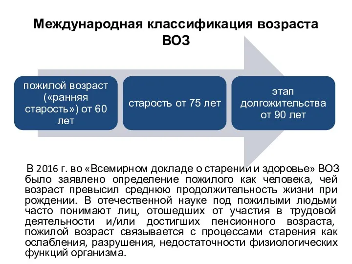 В 2016 г. во «Всемирном докладе о старении и здоровье»