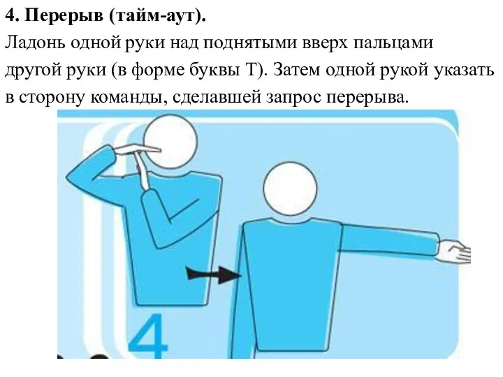 4. Перерыв (тайм-аут). Ладонь одной руки над поднятыми вверх пальцами