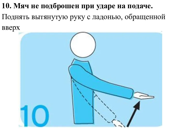 10. Мяч не подброшен при ударе на подаче. Поднять вытянутую руку с ладонью, обращенной вверх