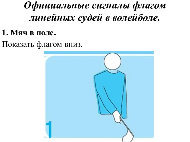 Официальные сигналы флагом линейных судей в волейболе. 1. Мяч в поле. Показать флагом вниз.